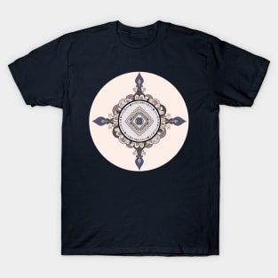 EARTHY GARDEN MANDALA, OCHRE, LAVENDER, GREY, LEAFY MANDALA DESIGN, MUTED COLOURS PETAL MANDALA PATTERN T-Shirt